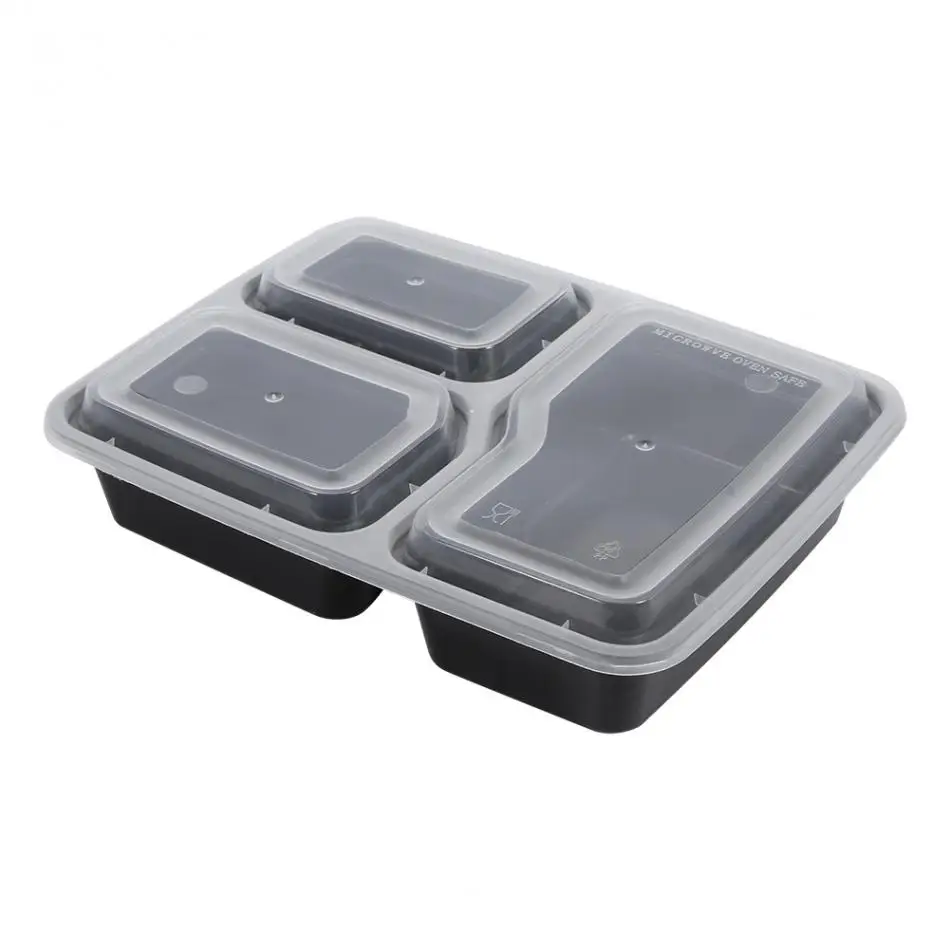 10 шт. пластиковый многоразовый Bento Box пищевой контейнер, коробка для еды, ланча, 3 отсека, многоразовый пригодный для микроволновой печи, контейнер для завтрака - Цвет: Black-3 Compartments