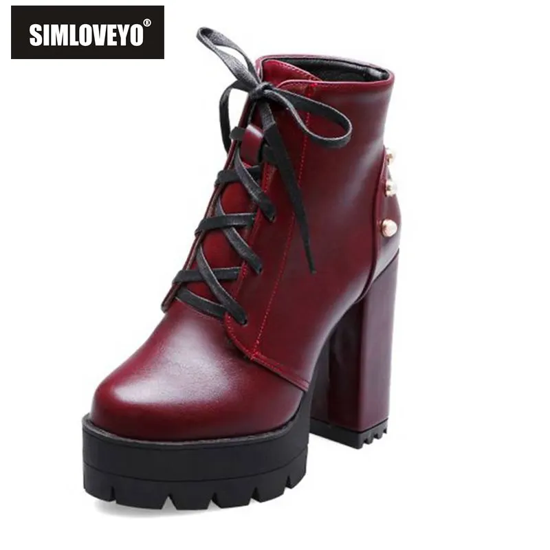 

SIMLOVEYO Ankle boots for women Round toe Platform Cross tied Chunky high heel Pearl Bottines mujer Black Wine red Size 44 B1562