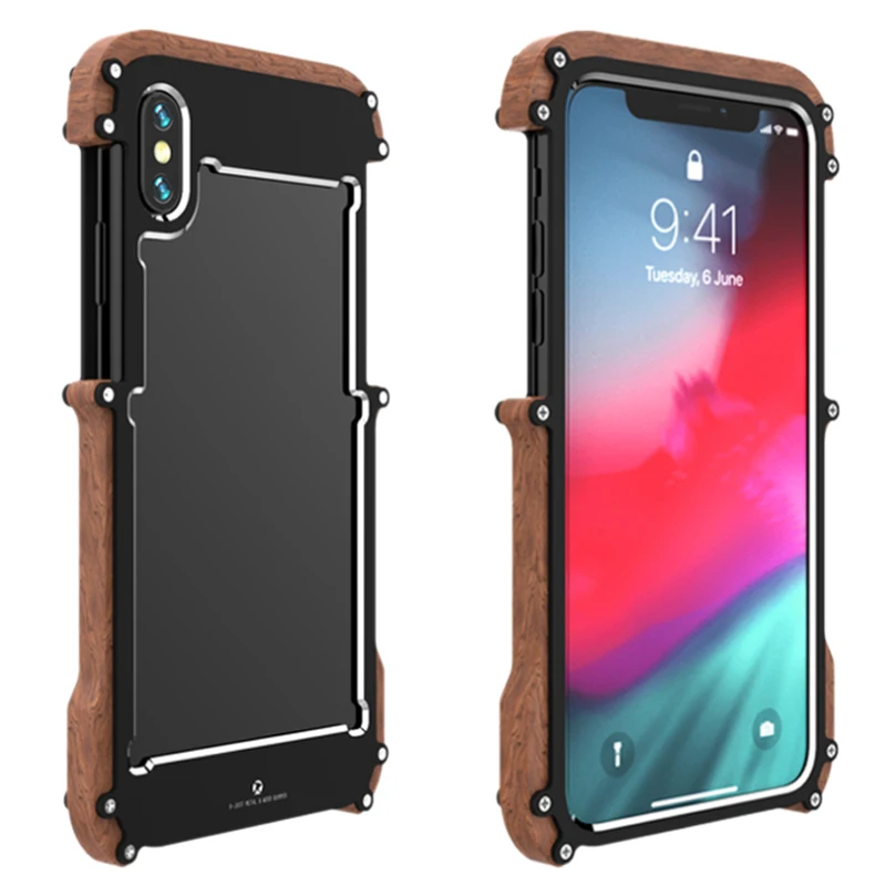 

R-JUST Luxury Wood Aluminum Metal Case Armor Defender Cover Protective Shockproof Dropproof Bumper Frame for iPhone XS Max 6.5 I