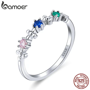 

bamoer 925 Sterling Silver Rainbow Color CZ Delicate Finger Rings for Women Wedding Engagement Statement Band Jewelry SCR637