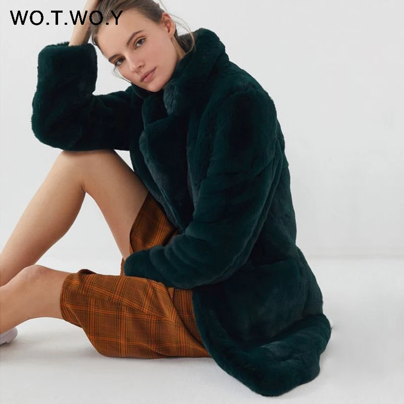 WOTWOY женское вязаное пальто из искусственного меха Осень зима 2019 отложной