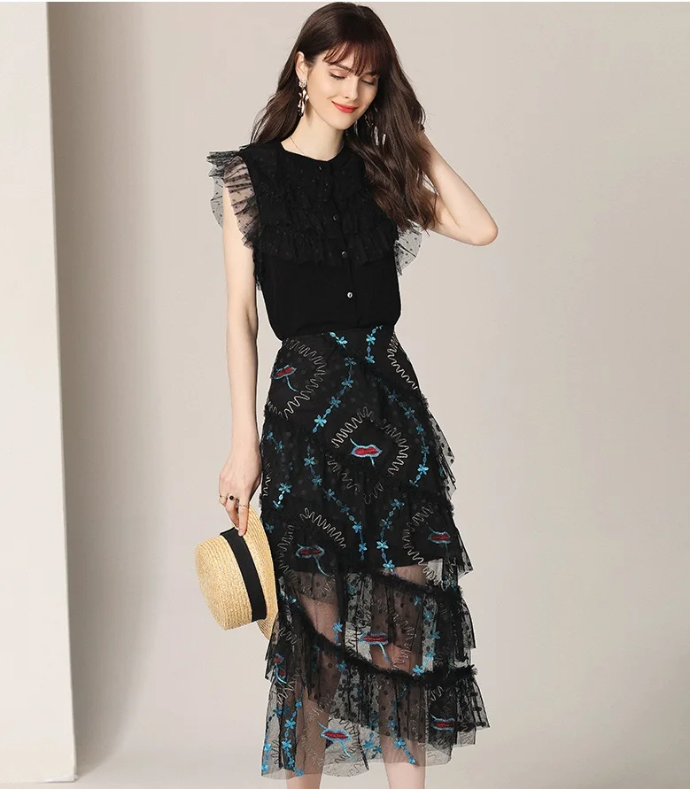 Women girls dot mesh ruffles knit sweater cardigan top+ geometric embroidery skirts suit black summer two piece set