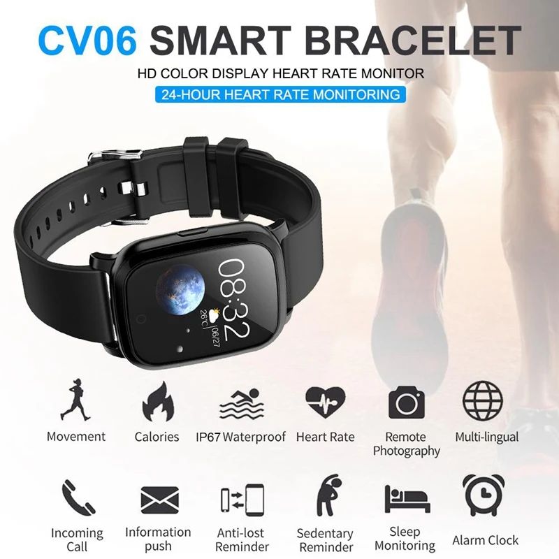 Cv06 Smart Bracelet Bluetooth 5.0 Heart Rate Blood Pressure Sleep Monitoring Phone Information Reminder Waterproof Ip67 Fitness