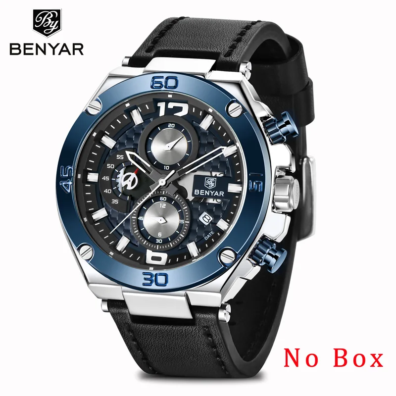 Blue No Box Мужские часы BENYAR, кварцевый хронограф, мужские часы, Топ бренд, роскошные золотые часы, модные часы из натуральной кожи, Relojes Hombre - Цвет: Blue No Box