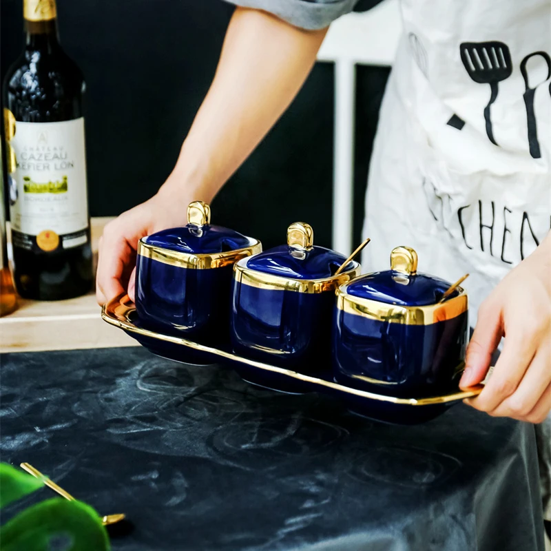 Голубая керамика, баночка с крышкой для специй, есть ложка, соль, сахар, резервуар для хранения, комплект из 3 предметов, скандинавский стиль, бытовая приправа, инструмент