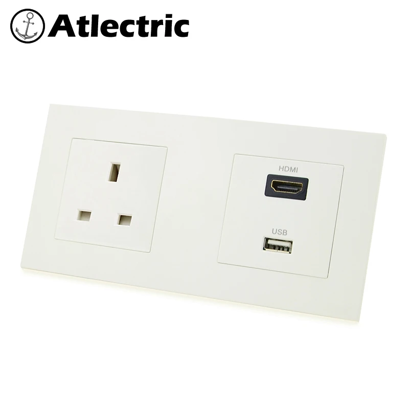 

Atlectric UK Standard Plug Wall Socket HDMI HD USB TV Port Socket Wall Power Double Socket Plastic Electrical Outlet 172mm*86mm