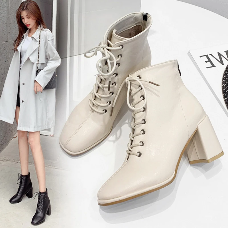 Centelleo ley Cielo Botas blancas a media pantorrilla zapatos de invierno para mujer Botines  mujer 2019 botas de tacón bajo Mujeres de lujo diseñador de encaje hasta  punta redonda 2020 corta|Botas a media pantorrilla| - AliExpress