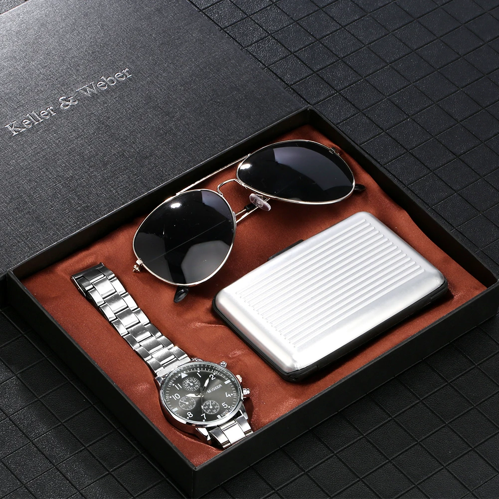 Silver Wristwatch Men Gift Set Quartz Stainless Steel Watch Antimagnetic Credit Card Box Male Sunglasses Best Birthday Gifts Box