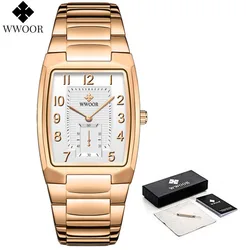 Elegant Gold Women's Waterproof Square Wristwatch with Steel Bracelet (Rose white box)