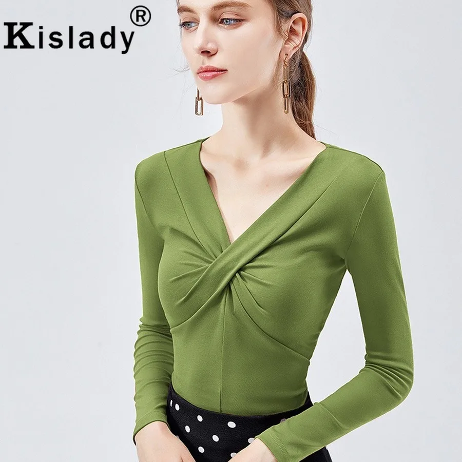 

New Avcado Green Tshirt Long Sleeve Sexy V-neck Tops Pleated Design OL Unif Shirts Plus Size Japanese Korean Clothes