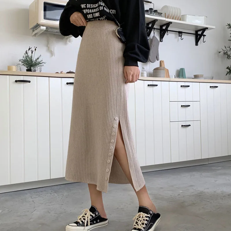Casual Warm Knitted Autumn Winter Skirts Womens Solid Side Single Breasted High Waist Korean Long Skirts For Women Workwear - Цвет: khaki skirt