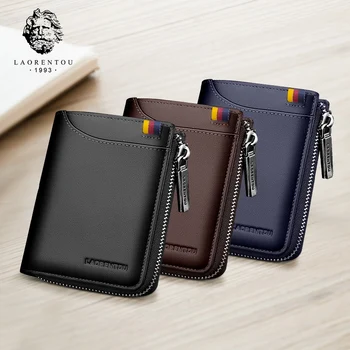 

LAORENTOU Coin Purse for Men Genuine Leather Bifold Wallets Zipper Card Holder Wallets Standard Man Purse High Quality Wallet