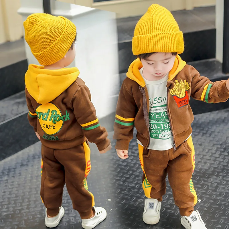 

2019 Autumn And Winter New Style Korean-style Childrenswear Girls Large Hoody plus Velvet Suit Children French Fries Two-Piece S