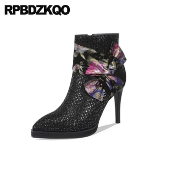 

brand women winter boots genuine leather floral print high heel booties flower printed shoes bow stiletto pointed toe sheepskin