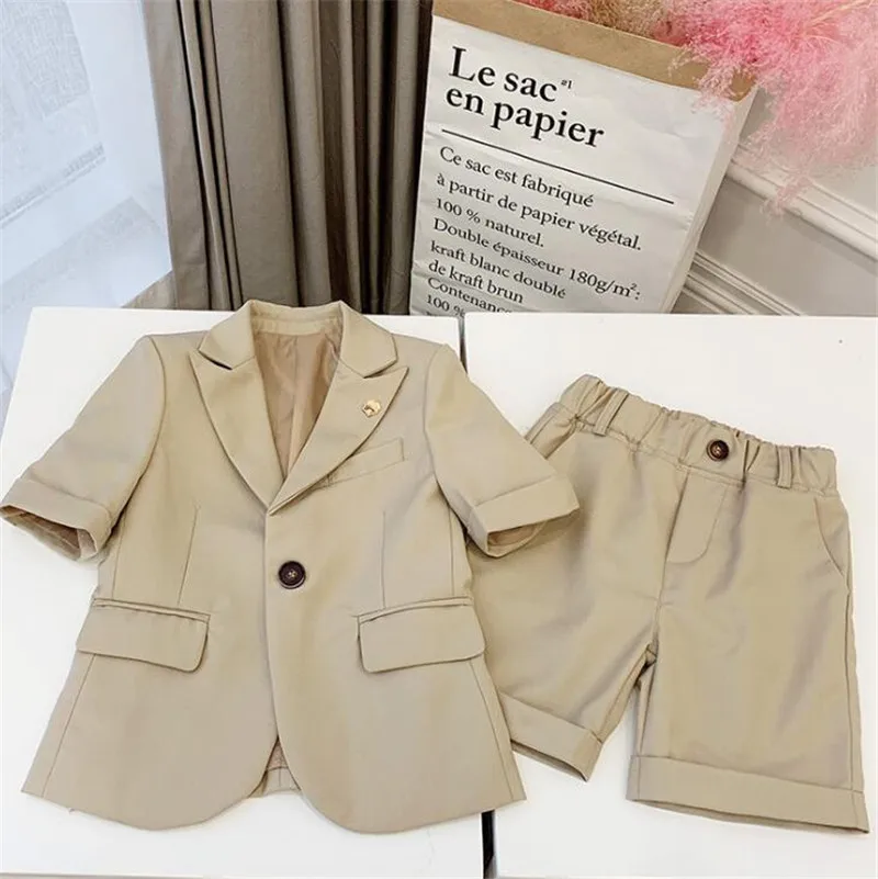 2pcs light khaki Weoneit/торжественные костюмы для мальчиков летний блейзер с короткими рукавами из 2 предметов+ шорты комплекты детской одежды для свадьбы костюмы для выступлений на выпускной - Color: 2pcs light khaki