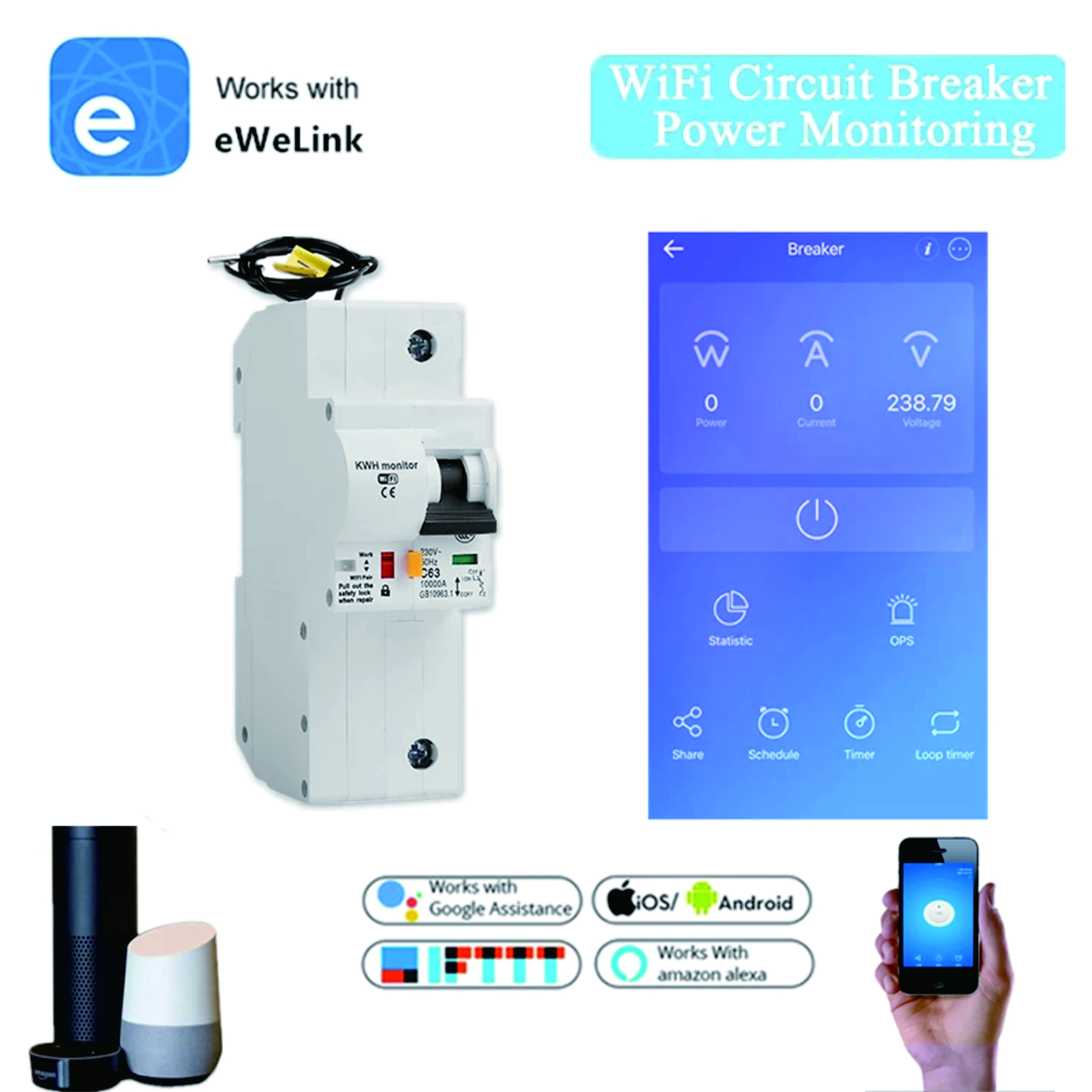 

Умный автоматический выключатель Wi-Fi 1P WiFi MCB с мониторингом энергии, приложение eWelink, беспроводное управление, совместимое с Alexa IFTTT Google
