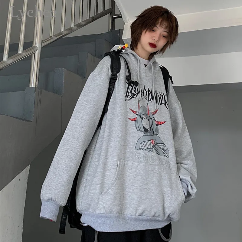 Lychee Harajuku темно дьявол Девушка Письмо для женщин с капюшоном флисовые толстовки осень леди флис Топ карман свободные женские флисовые толстовки