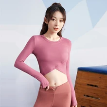 Женская спортивная рубашка с длинным рукавом, спортивный топ для фитнеса, женские бесшовные топы для йоги, Женские топы для спортзала, женские спортивные топы с отверстиями для большого пальца