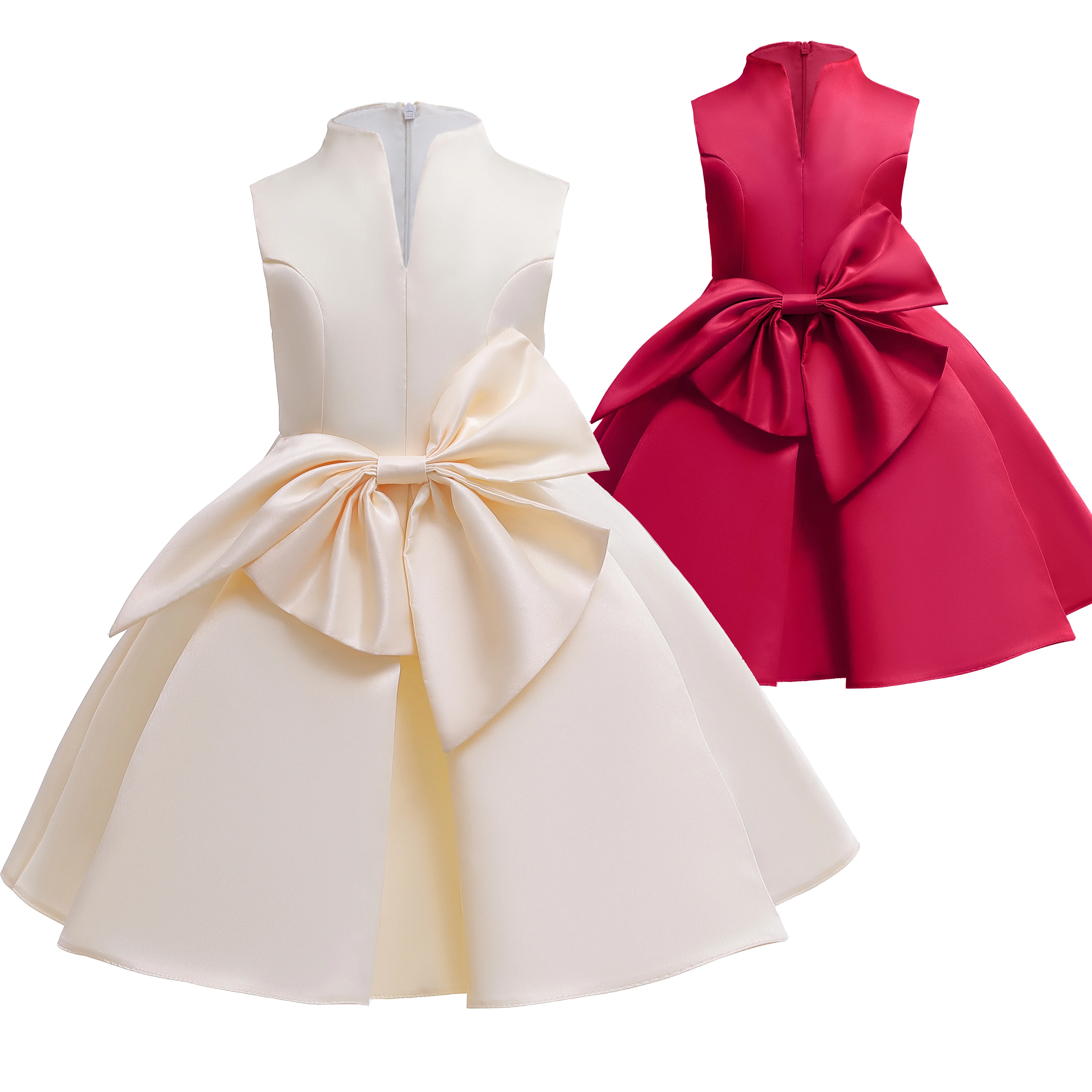 

New Girl Dress Cute High Collar Deep V Sleeveless Solid Color Bow Dress Sweet Princess Dress