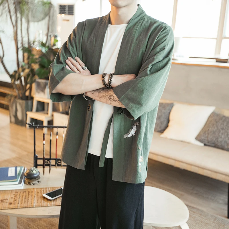 16 цветов Мужская мода японский стиль кимоно журавль вышивка летняя хаори рубашка Китайская традиционная три четверти рукав наряды - Цвет: Color6