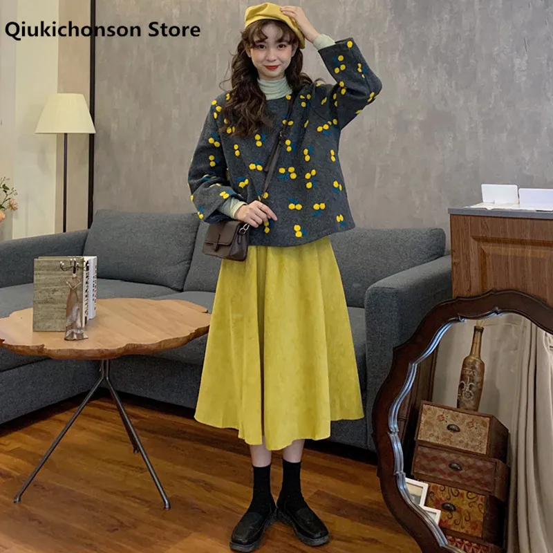 Autumn Winter Plus Size 2 Piece Sets Womens Outfits Vintage Harajuku Long Sleeve Cherry Blouse And High Waist Midi Skirt Set |