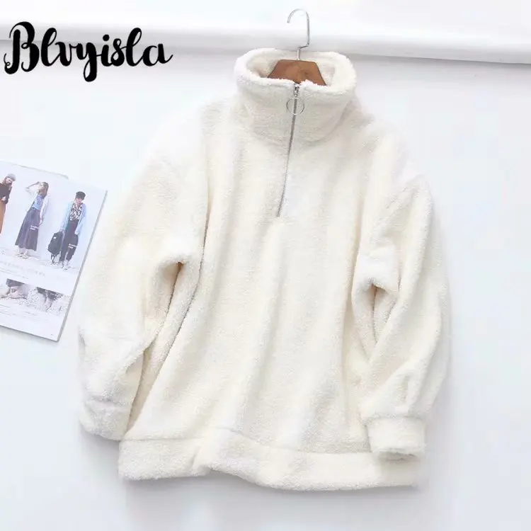 Blvyisla, однотонный, черный, белый, свободный, с высоким воротником, на молнии, шерстяной, флисовый пуловер, кофты, женский, зимний, теплый комбинезон, топы
