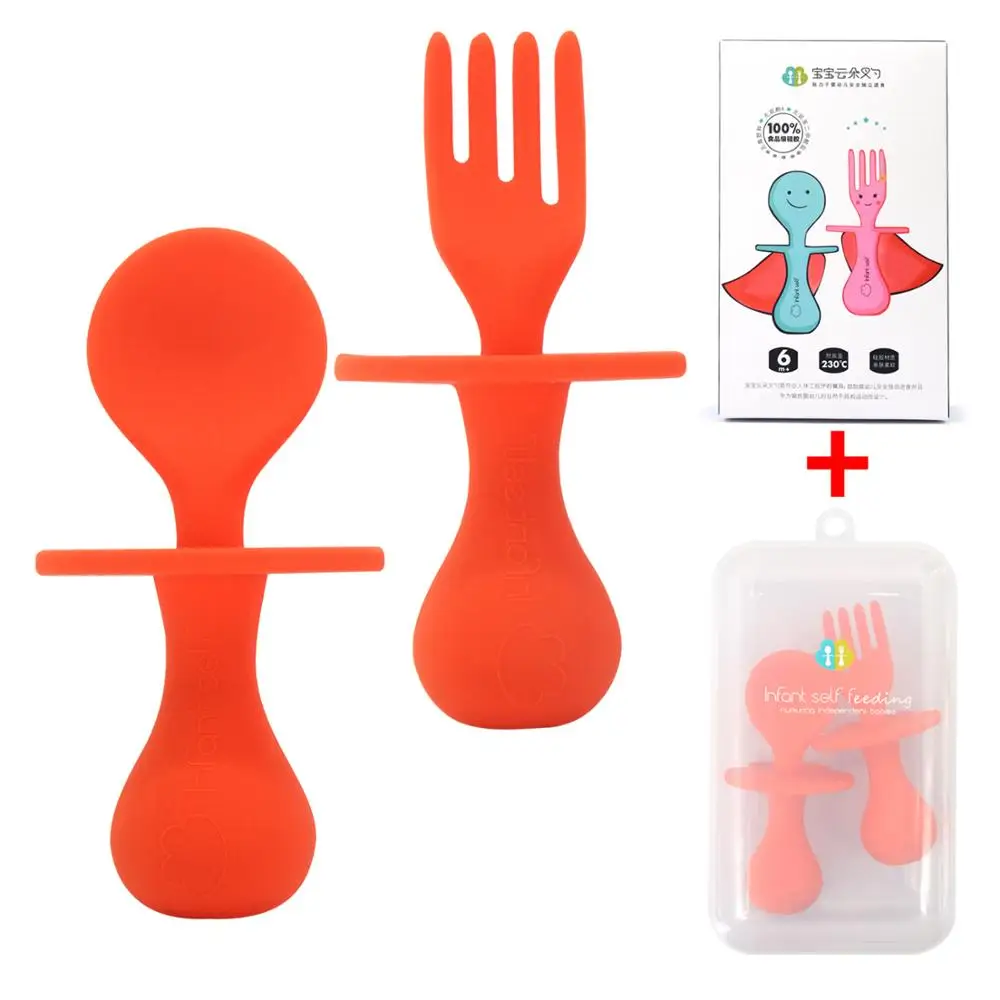 

Silicone 2Pcs/bag short handle spoon + fork set solid color baby training spoon safe PP children tableware baby fork tableware