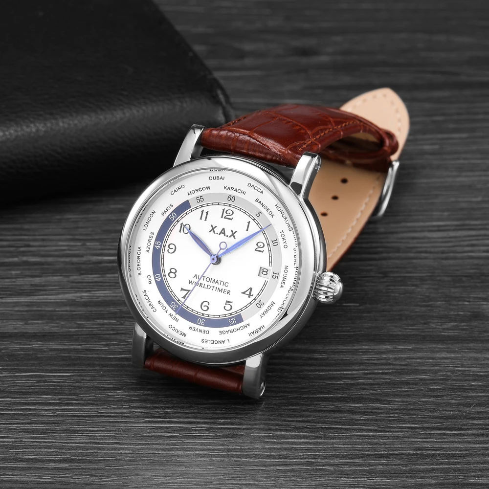 Worldtimer Automatic Men Watch Pilot Stainless Steel Mechanical Wristwatch Male Field Uhr Flieger Huge Size Automatikuhr Aviator