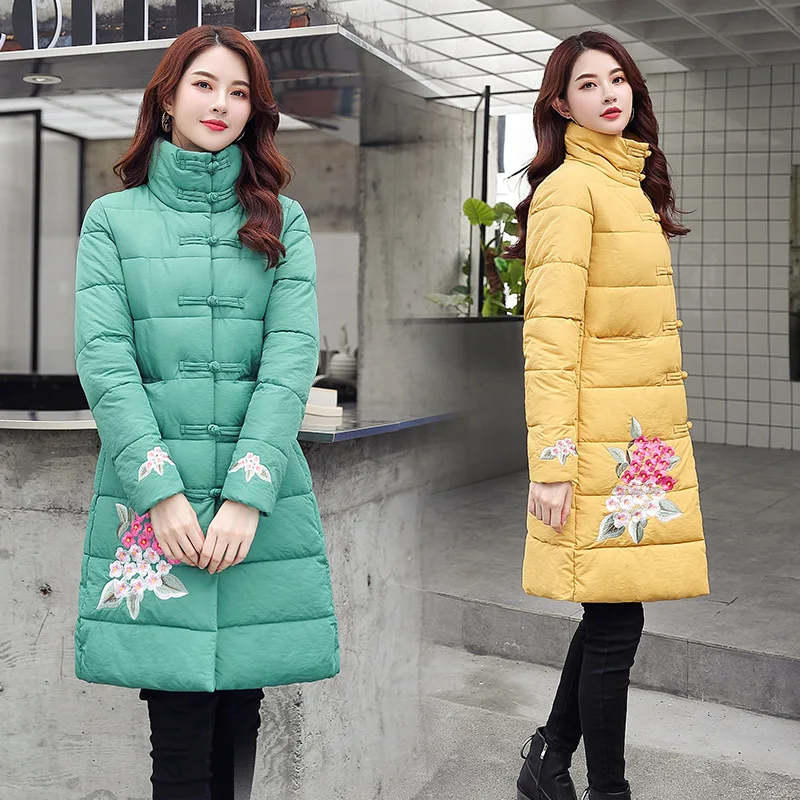 

2019 Fashion Winter Parka Women Floral Embroidery Long Women Coat Parka Femme Jacket Thick Oversized Warm Parka Mujer Streetwear