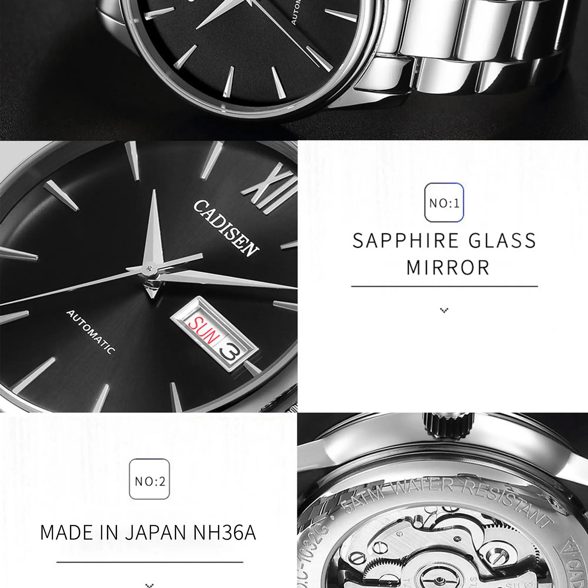 CADISEN мужские часы автоматические механические часы Япония NH36A роль Дата Неделя Топ люксовый бренд наручные часы Relogio Masculino
