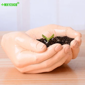 

Simulation Palm Resin Flower Pot Two-hand Sculpture Crafts Succulents Pot Storage Container Home Decorations Accessories