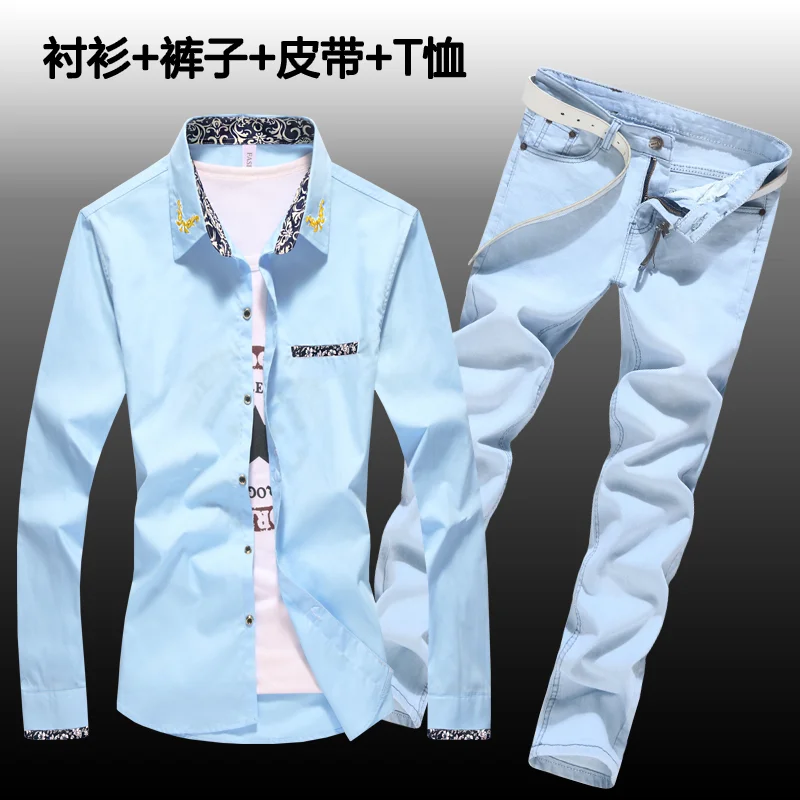 Halozeroo New Men's Cotton Blends Shirt Long Jeans Pants 2pcs Set Printing Collar Long Sleeve Shirts Men Clothing Casual Style Z Halozeroo New Men's Cotton Blends Shirt Long Jeans Pants 2pcs Set Printing Collar Long Sleeve Shirts Men Clothing Casual Style Z