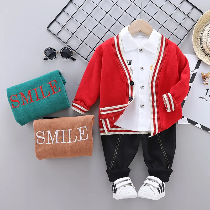 

2020 Korean-style Spring And Autumn Children Baby Solid Color Flat Knitted Collar Cardigan Sweater Shirt Three-piece Set