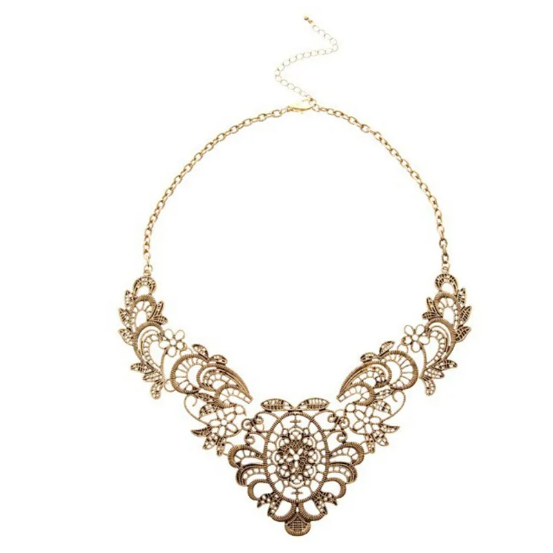 

Women Vintage Collar Chain Necklace Bronze Lace Carving Flower Choker Necklaces