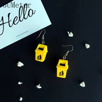 

3UMeter 2019 Creative Handmade Personalized Funny Yellow Trash Can Drop Earrings Fashion New Design Dangle Earrings Jewelry