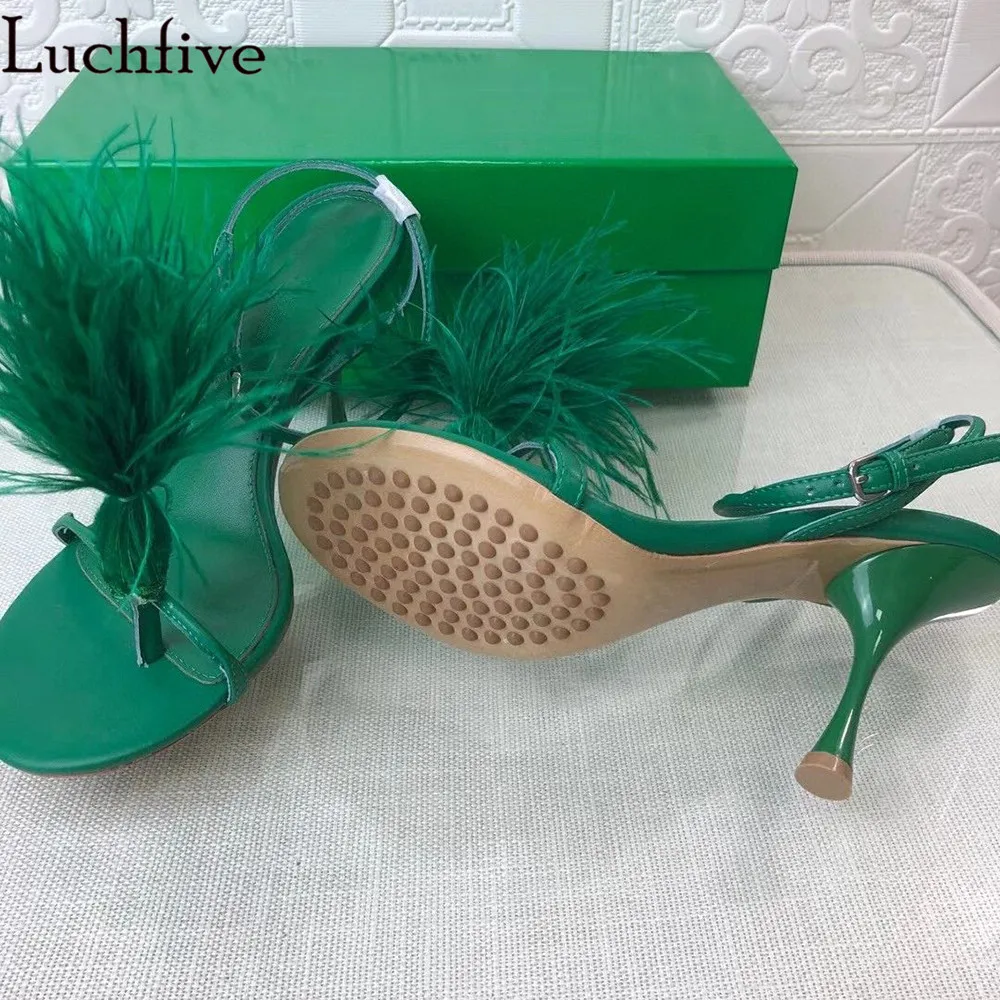 Sexy Feather High Heels Sandals Split Toe Shoes Woman Ankle Strap