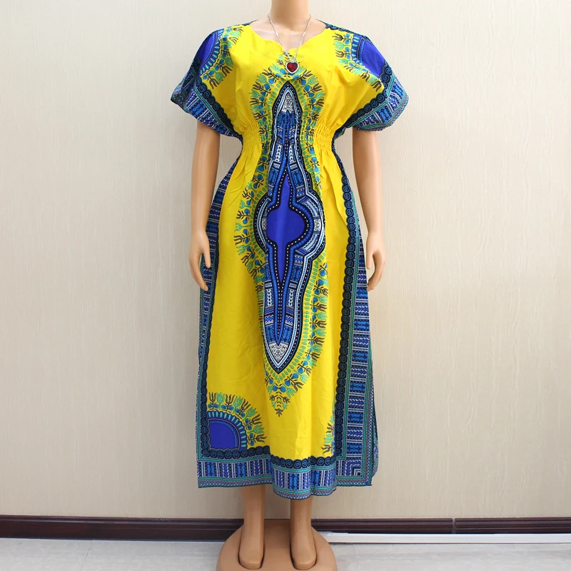 Dashikiage мода осень Дашики напечатанный синий хлопок короткий рукав африканские платья для женщин