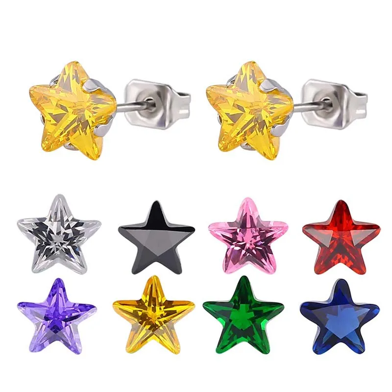

4mm/5mm/6mm/7mm/8mm Colorful Star CZ AAA Cubic Zirconia Stud Earrings Stainless Steel Titanium Steel Earrings For Women Jewelry
