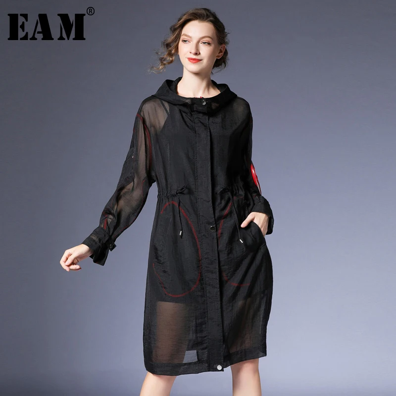 

[EAM] Loose Fit Button Perspective Drawstring Pockets Jacket New Lapel Long Sleeve Women Coat Fashion Autumn Winter 2019 JZ167