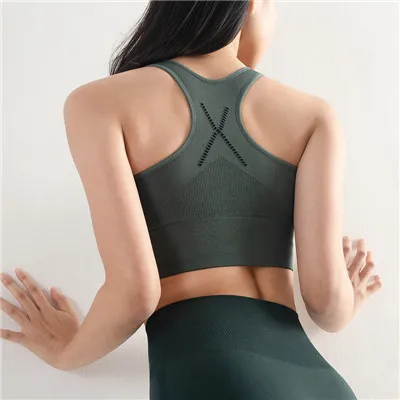 dark green Спортивная майка для фитнеса, высокое гибридное воздействие, ударопрочный тонкий бюстгальтер для йоги, регулируемый Быстросохнущий пуш-ап, эластичная форма для гимнастики YAWX1930 - Цвет: dark green