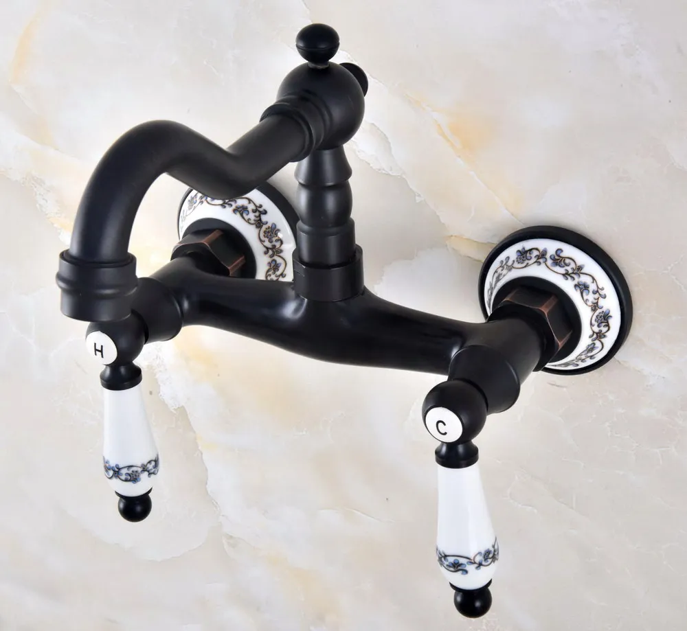 Kitchen Wet Bar Bathroom Vessel Sink Faucet Black Oil Rubbed Brass Wall Mounted Swivel Spout Mixer Tap Dual Ceramic Lever mnf829