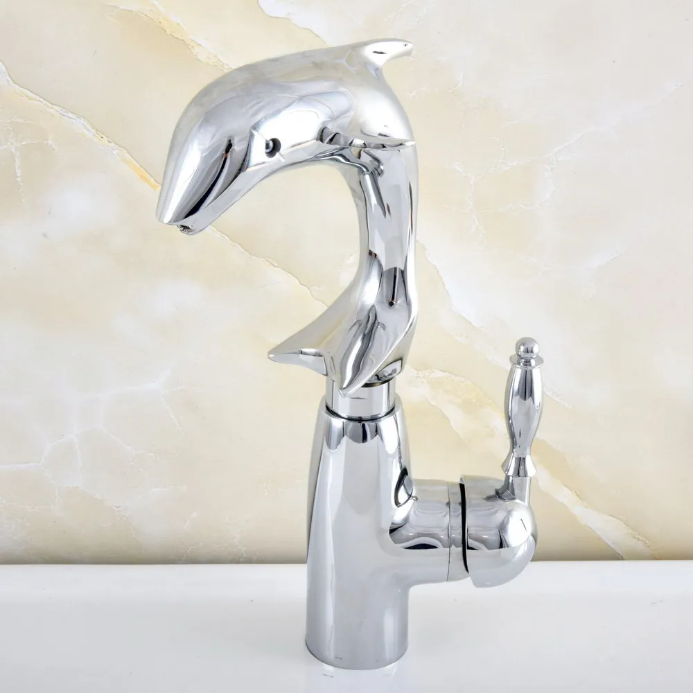 

Polished Chrome Dolphin Shape Deck Mounted Single Handle Bathroom Basin Faucet Hot and Cold Water Mixer Taps Nsf854