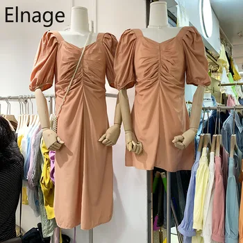

Elnage Korean Fashion New 2020 Pleated Bubble Short-sleeve Dress Summer Women Retro Loose Slim High Waist Midi Robe Femme 5A718