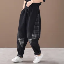 Women Jeans Autumn Winter Fashion Elastic Waist Elastic Waist Denim Pants New Ladies Loose Casual Vintage Plaid Trousers