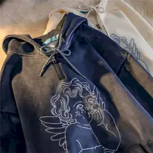 

Autumn and Winter Hoodie Angel Embroidery Print Retro Half Zipper Long-sleeved Hooded Sweatshirt Women Plus Velvet Padded Hoody
