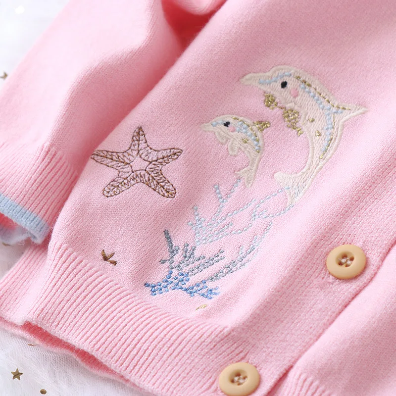Autumn Girls Sweater Embroidery Cardigans Toddler Girls Jumper Knitwear Childrens Long-Sleeve Cartoon Mermaid Kids Sweater Coat
