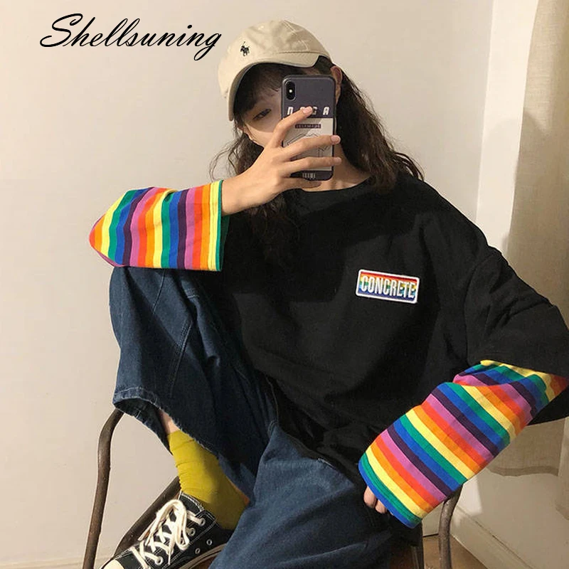 Женская футболка Shellsuning белая с длинными рукавами и имитацией радуги Kawaii