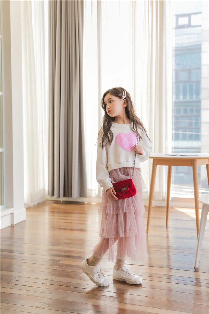 Осенняя одежда Комплекты для девочек, юбки Элегантные повседневные детские костюмы, свитер для девочек пуловеры с рисунками из мультфильмов+ длинные многослойные юбки в горошек