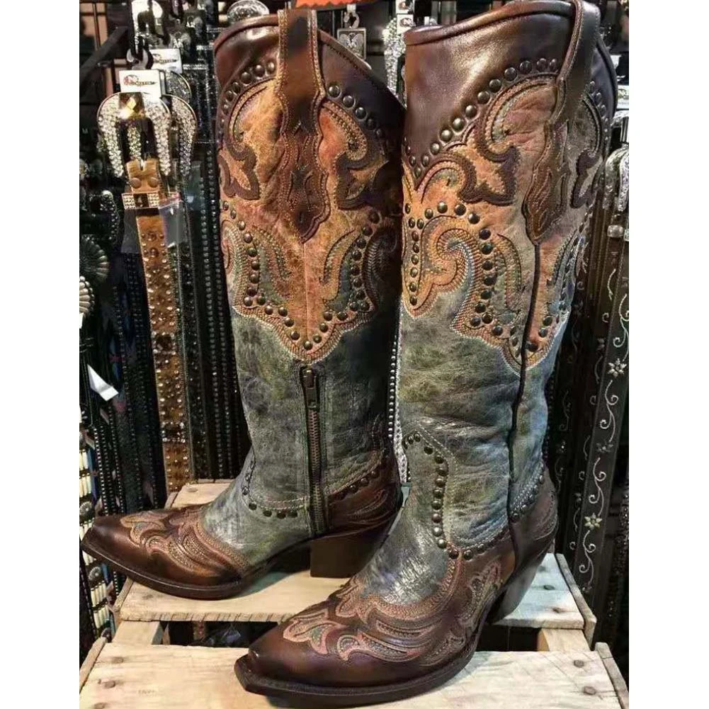 Bonjomarisa 2021 Brand Top Quality Chunky Heel Embroidery Western Boots