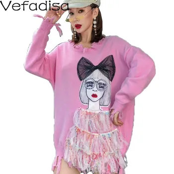 

Vefadisa Mesh Patchwork Irregular Tassel Women Sweater 2020 Fall Beading Pullover Sweater Character Print Women Sweater QYF3205
